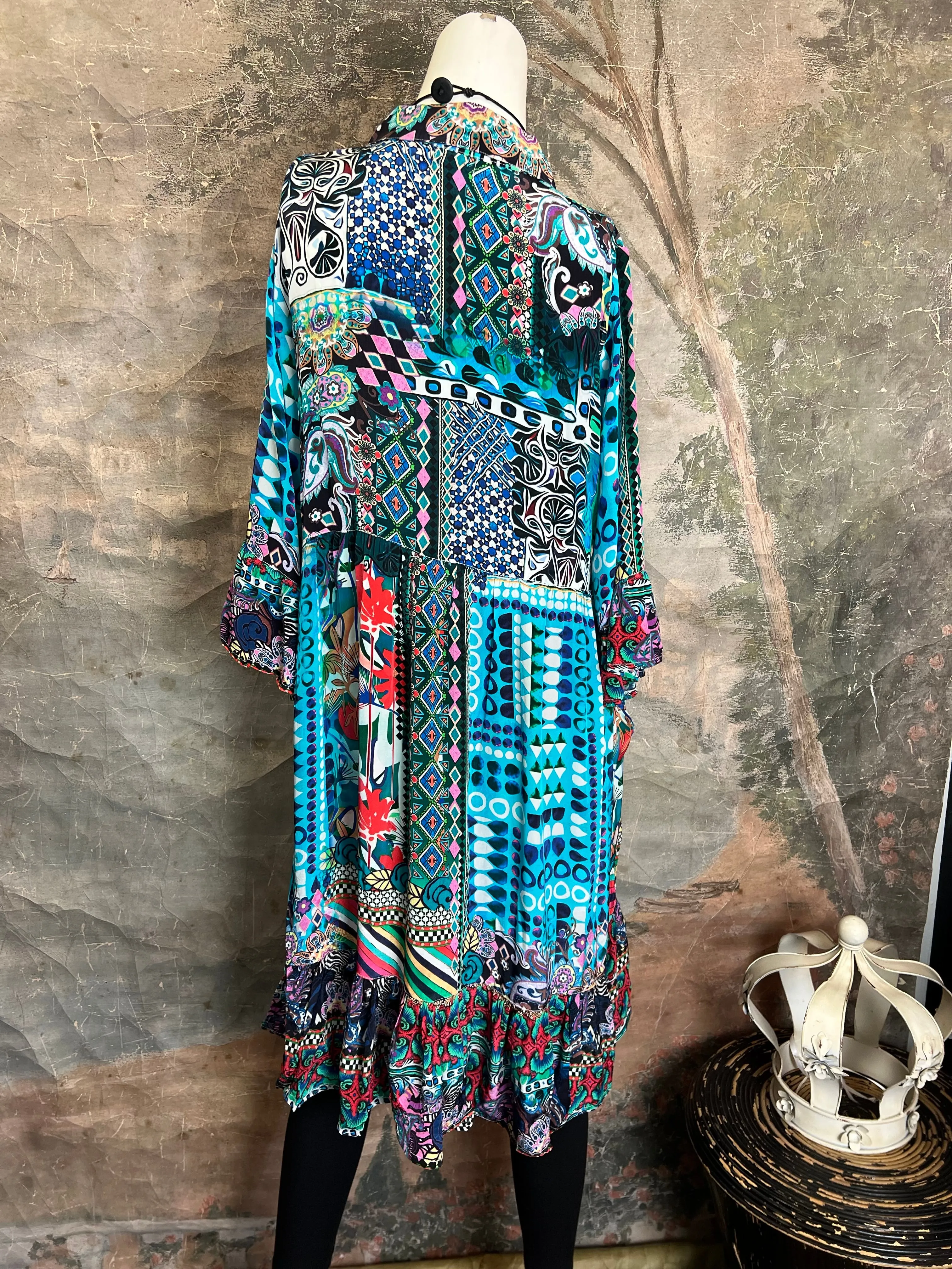 25441 Silk Button Down Dress-Blue Turquoise