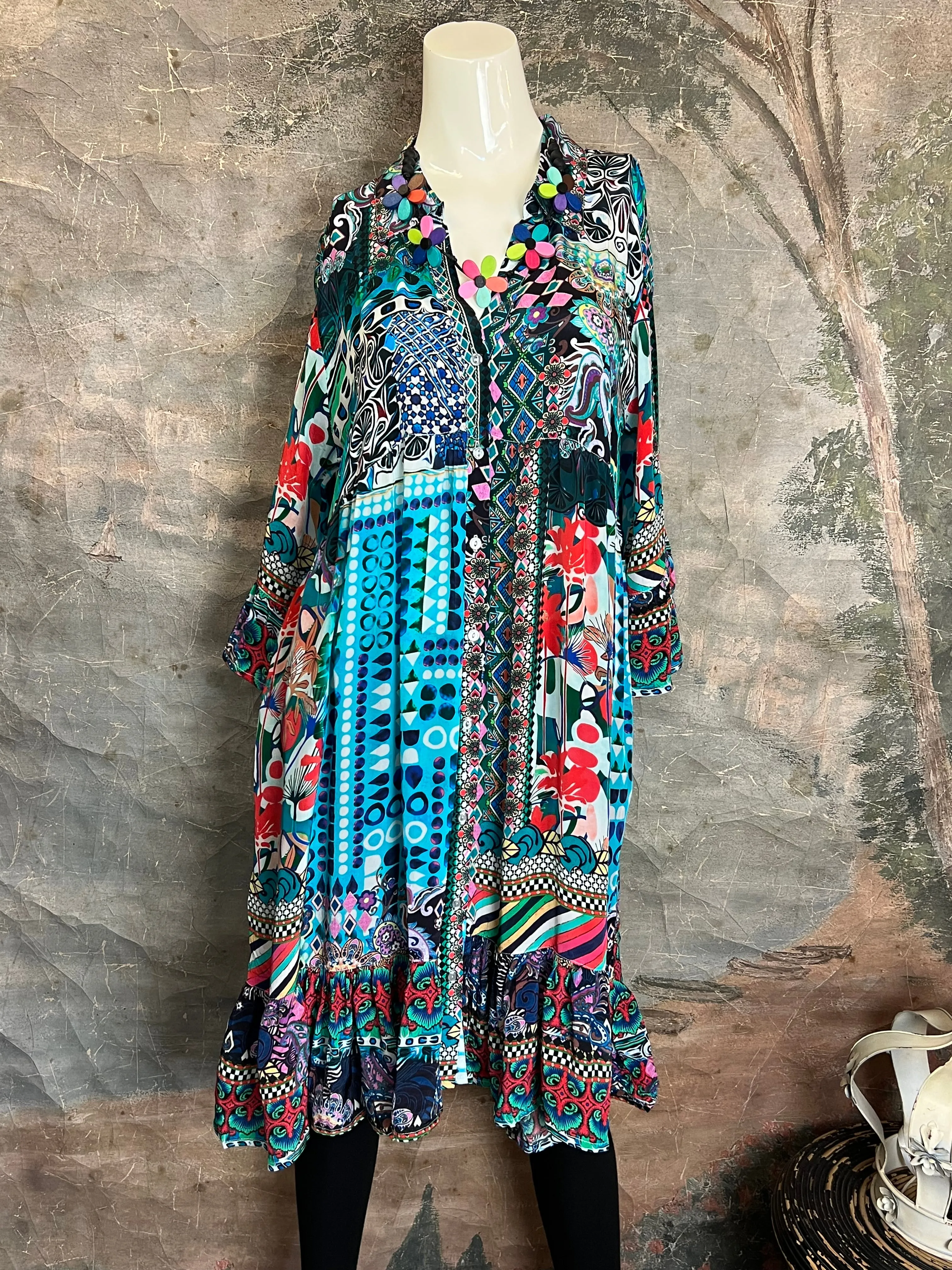 25441 Silk Button Down Dress-Blue Turquoise