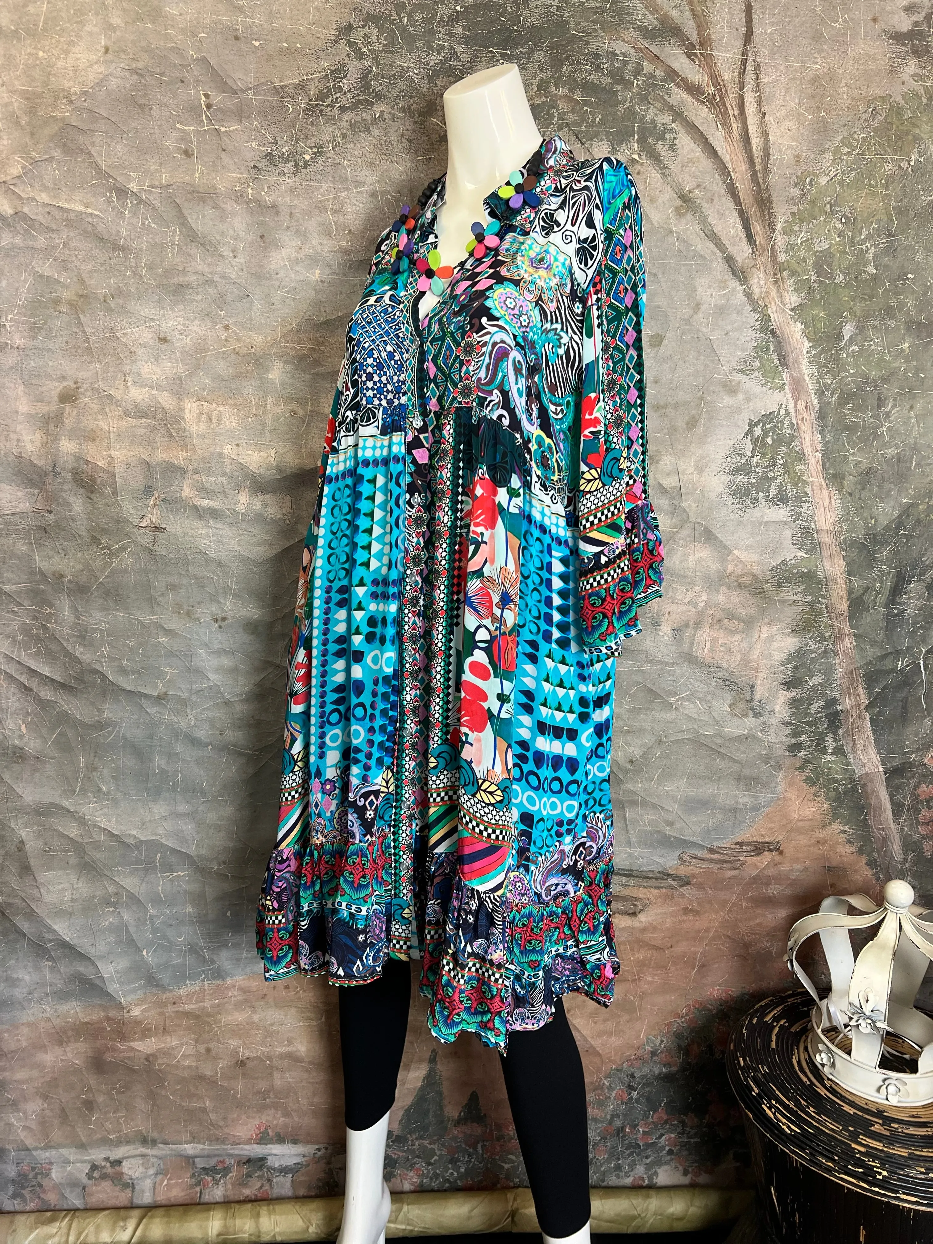25441 Silk Button Down Dress-Blue Turquoise