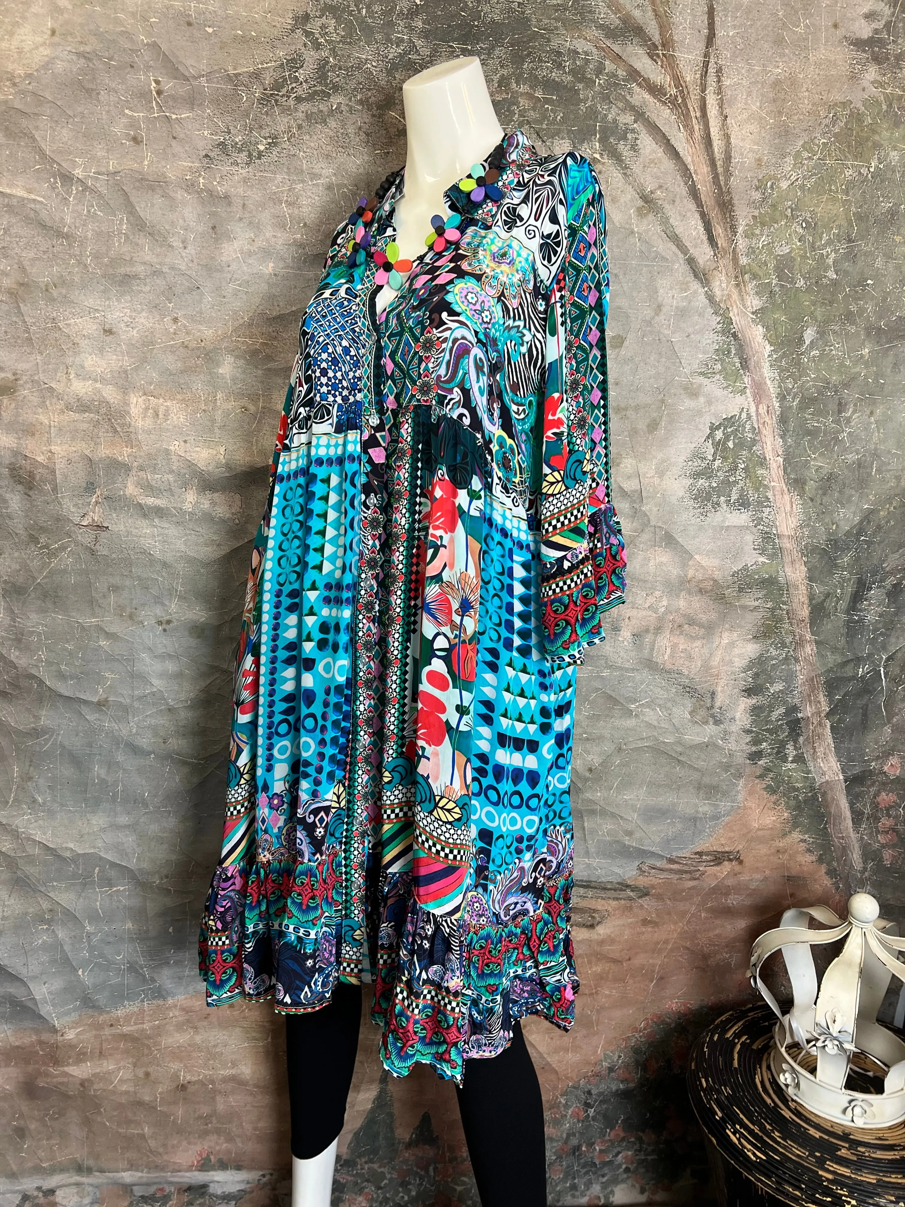 25441 Silk Button Down Dress-Blue Turquoise