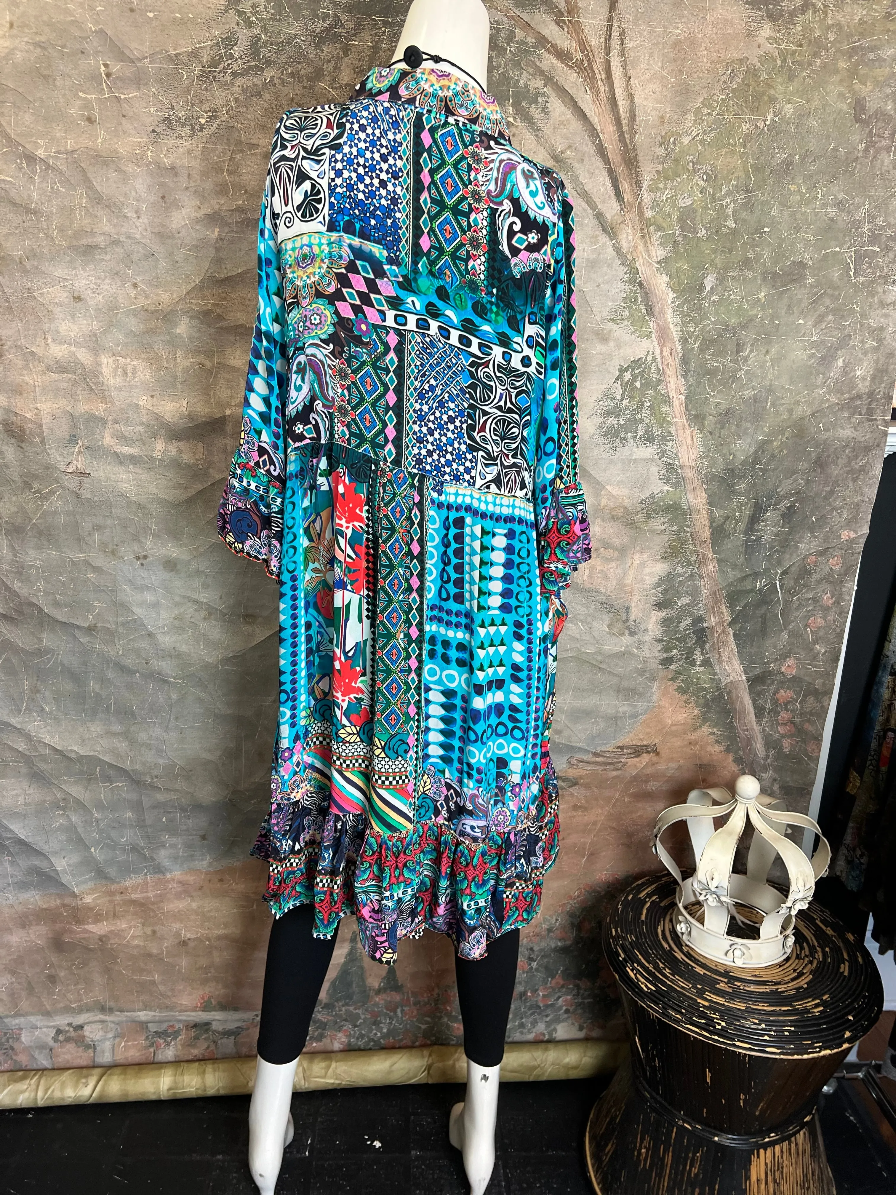 25441 Silk Button Down Dress-Blue Turquoise
