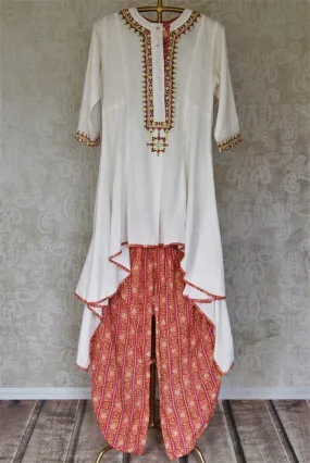 502675 White Asymmetric Cotton Kurta with Peach Salwar