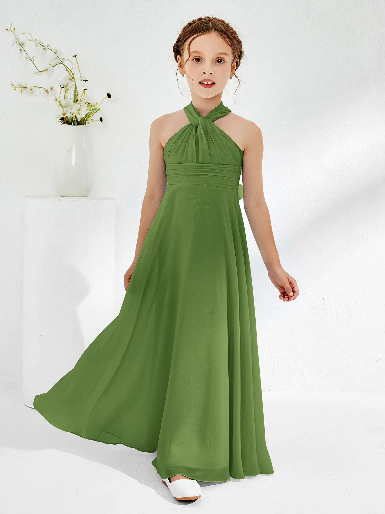 A-line Halter Neckline Sleeveless Junior Bridesmaid Dresses Moss