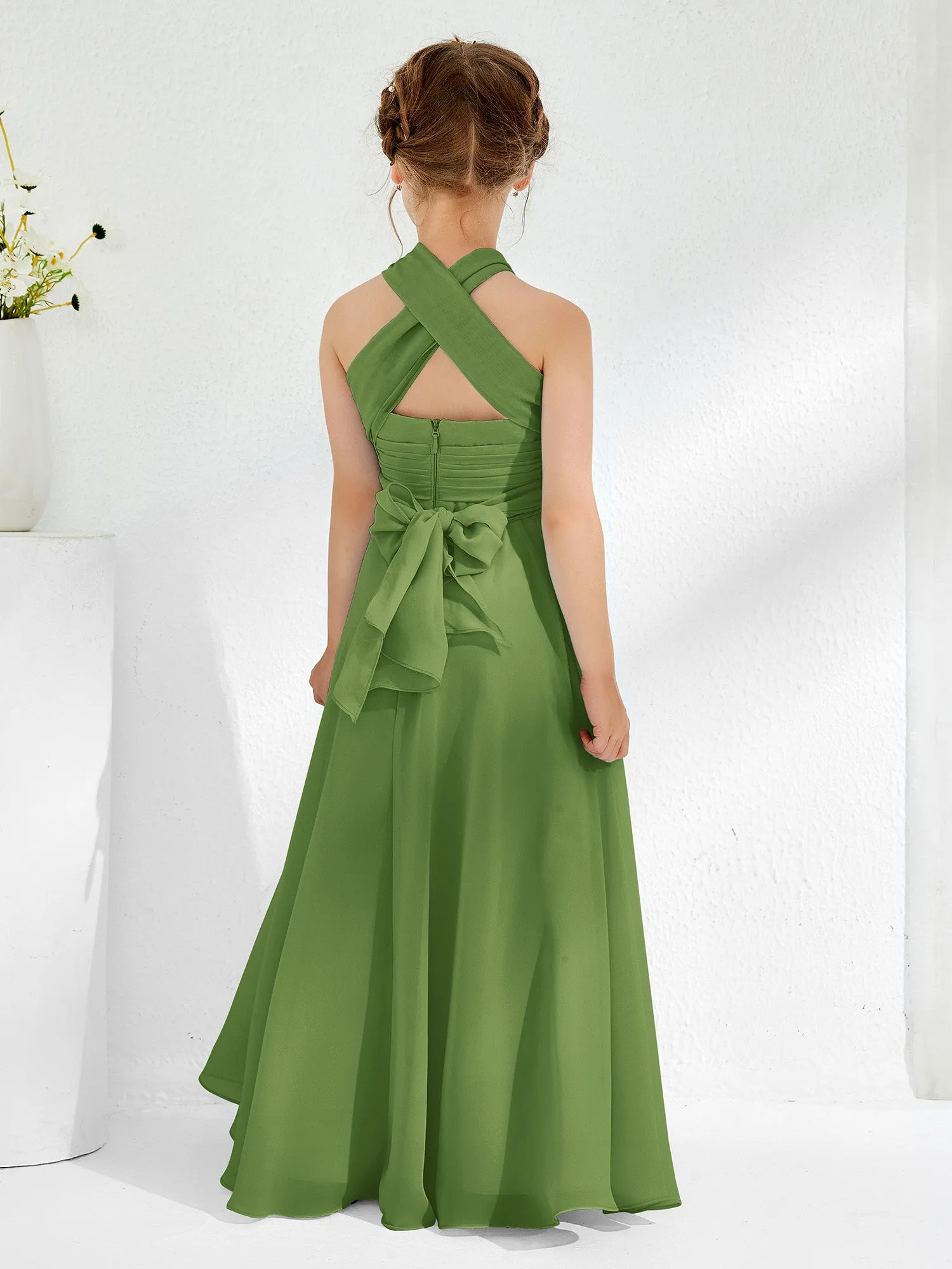 A-line Halter Neckline Sleeveless Junior Bridesmaid Dresses Moss