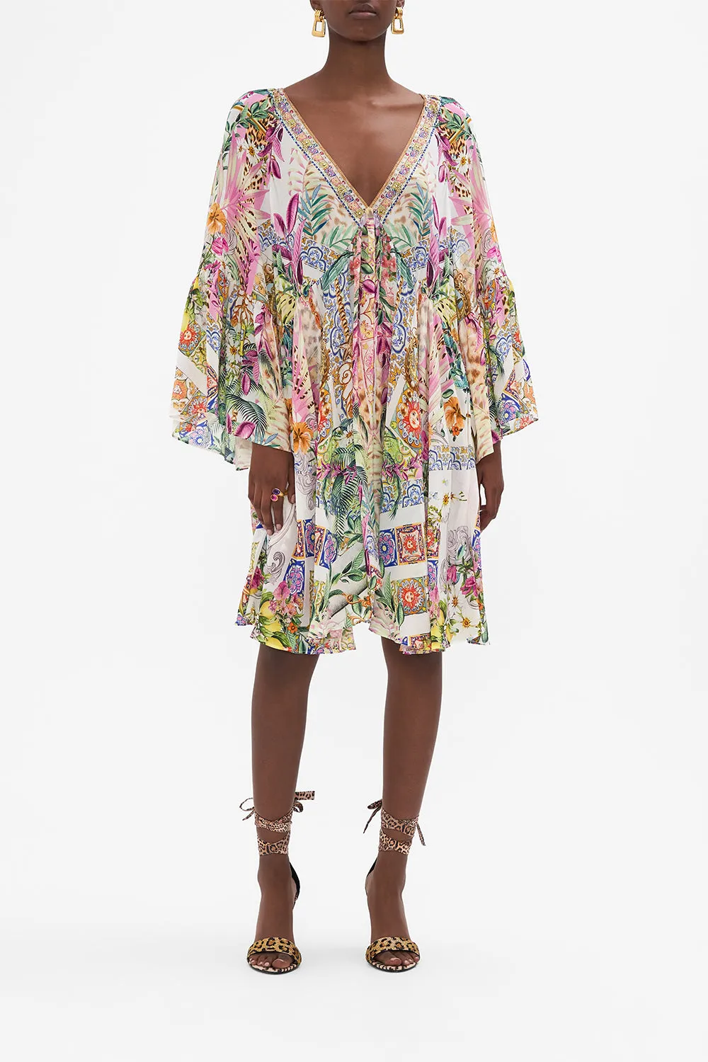 A-LINE RUFFLE SLEEVE DRESS FLOWERS OF NEPTUNE