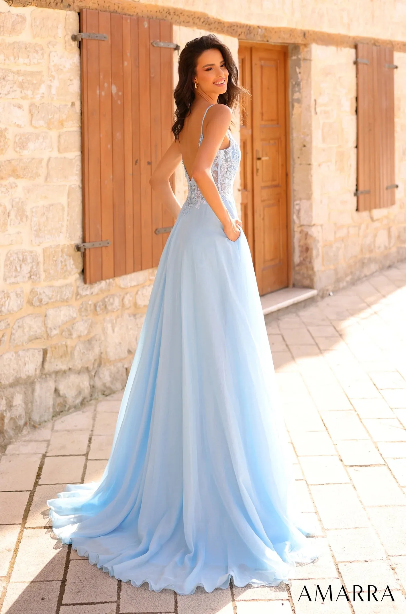 Amarra 88834 Long Prom Dress A-line Spaghetti Straps V-back Plunging Neckline Formal Pageant Gown