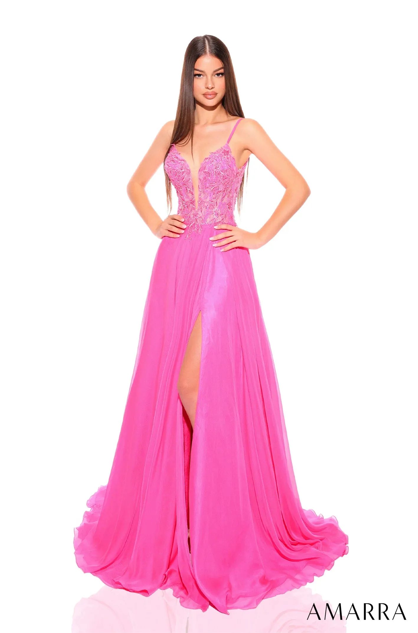 Amarra 88834 Long Prom Dress A-line Spaghetti Straps V-back Plunging Neckline Formal Pageant Gown
