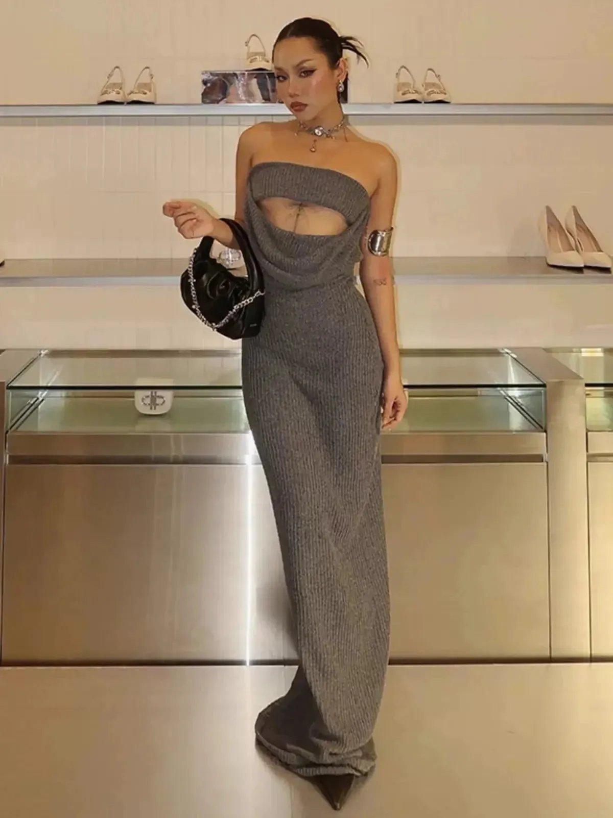 Amozae-Christmas Outfits New Year's Eve Dress Night Out Club Dresses cute winter outfits Kamilia Knitted Strapless Maxi Dress