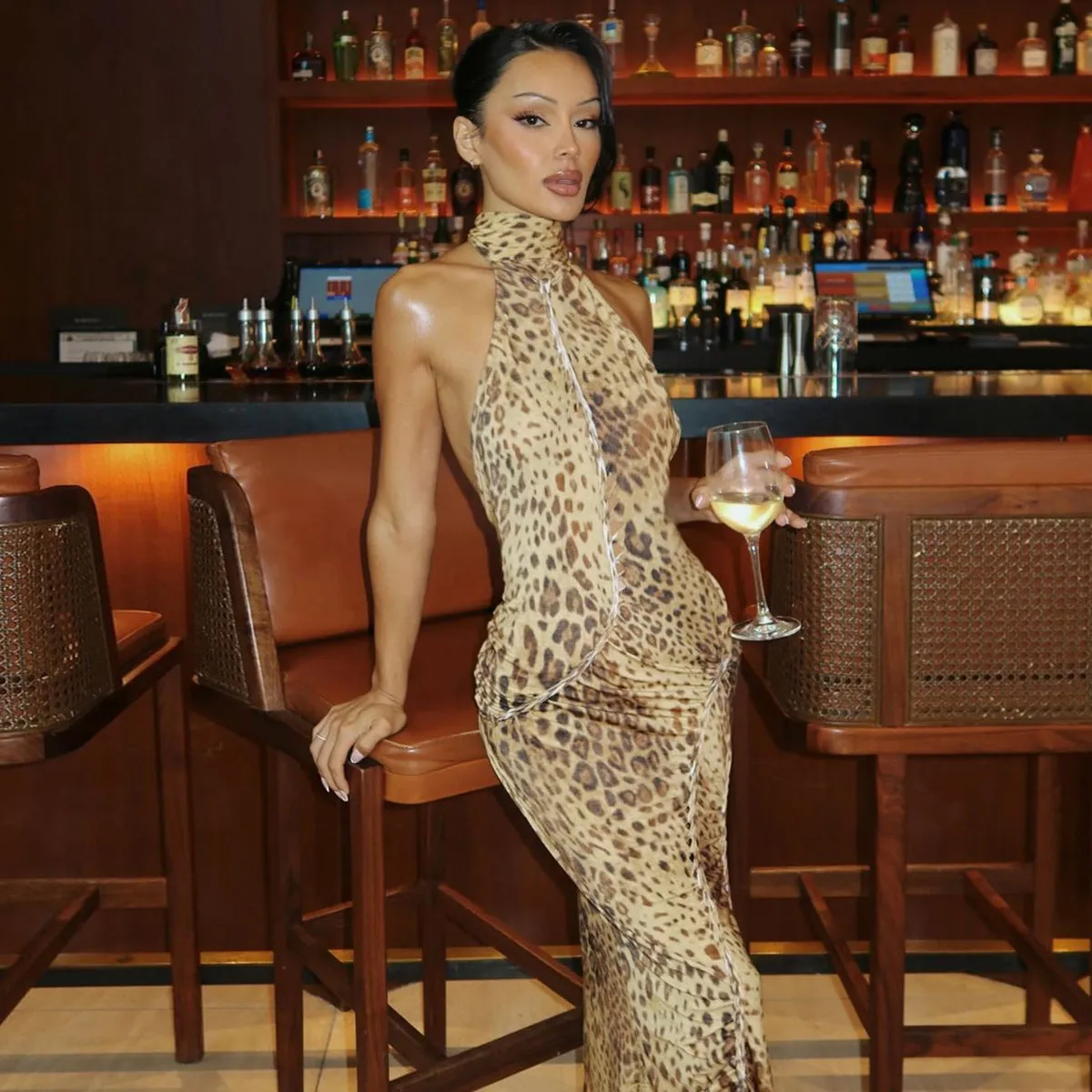 Amozae-Christmas Outfits New Year's Eve Dress Night Out Club Dresses cute winter outfits Savannah Leopard Print Halter Dress
