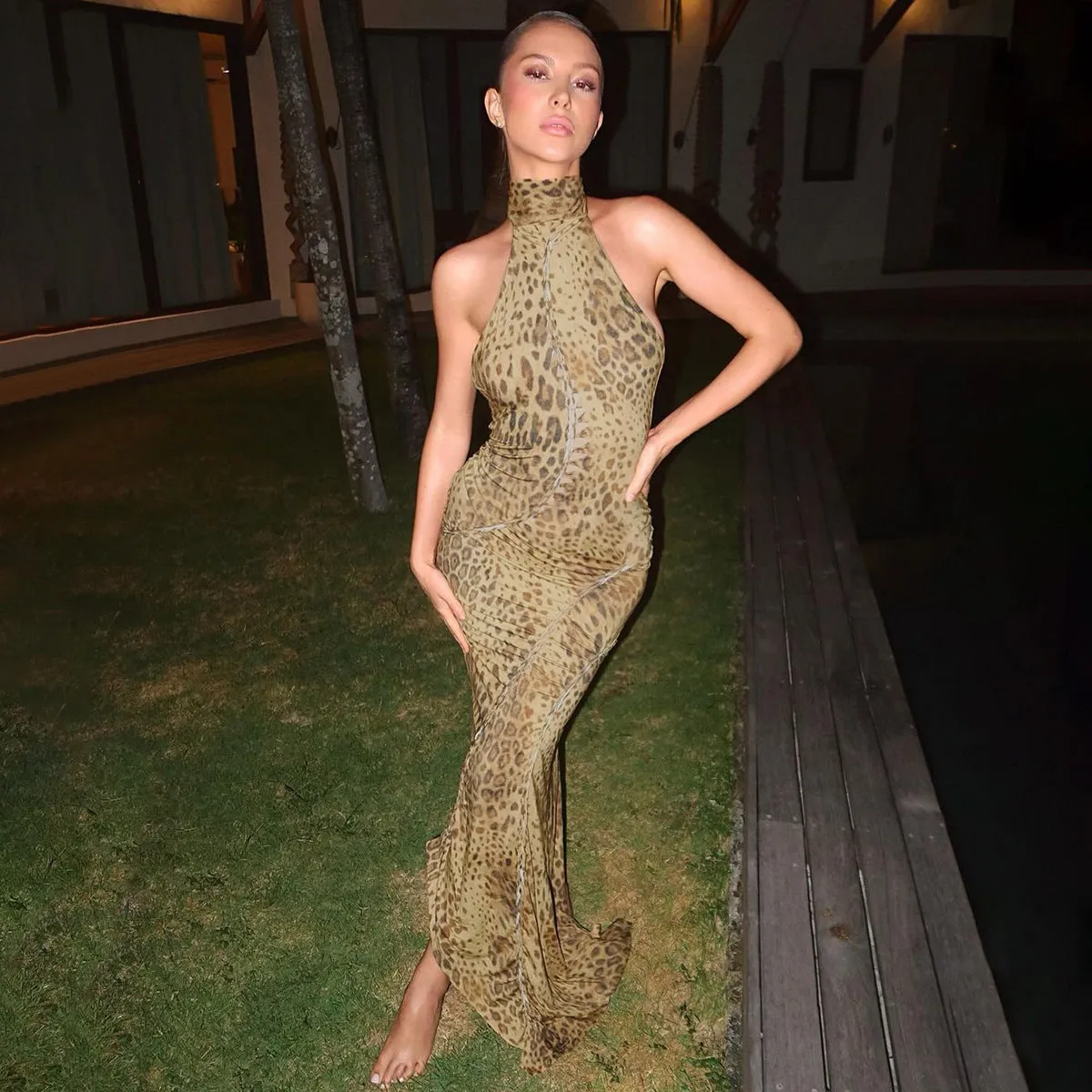 Amozae-Christmas Outfits New Year's Eve Dress Night Out Club Dresses cute winter outfits Savannah Leopard Print Halter Dress