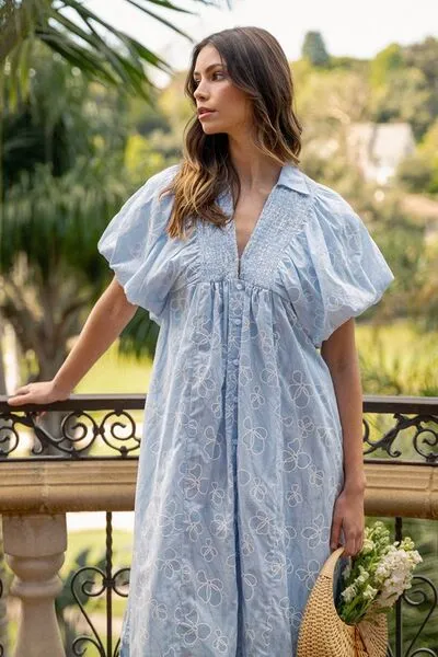 AnnieWear Floral Smock Detail Puff Sleeve Dress