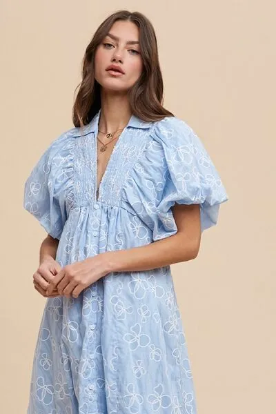 AnnieWear Floral Smock Detail Puff Sleeve Dress