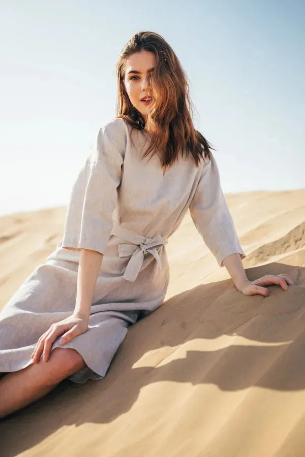Aria - Straight Belted Midi Linen Dress
