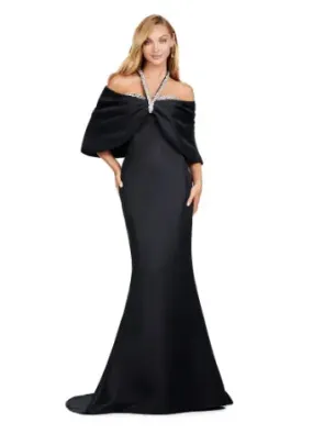 Ashley Lauren 11424 Long Prom Dress Fitted Strapless Evening Gown Oversized Off Shoulder Bow Overlay Formal Pageant