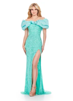 Ashley Lauren 11581 Long Prom Dress Strapless Fully Beaded Gown Oversized Taffeta Ruffle Formal Pageant