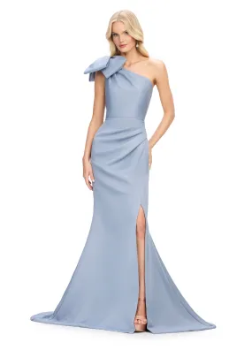 Ashley Lauren 11759 One Shoulder Bow Satin Evening Gown Ruched Waist Short Slit