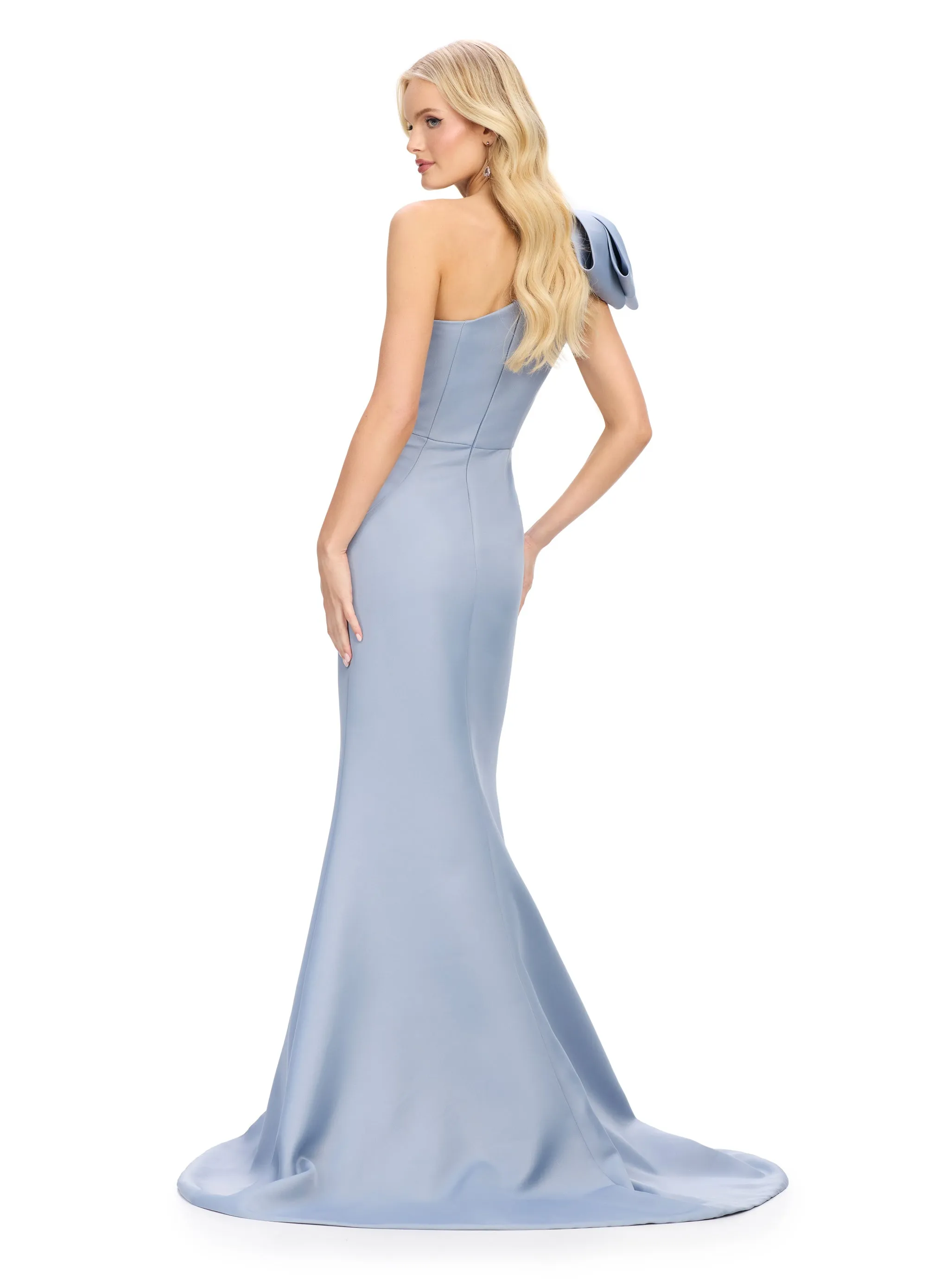 Ashley Lauren 11759 One Shoulder Bow Satin Evening Gown Ruched Waist Short Slit