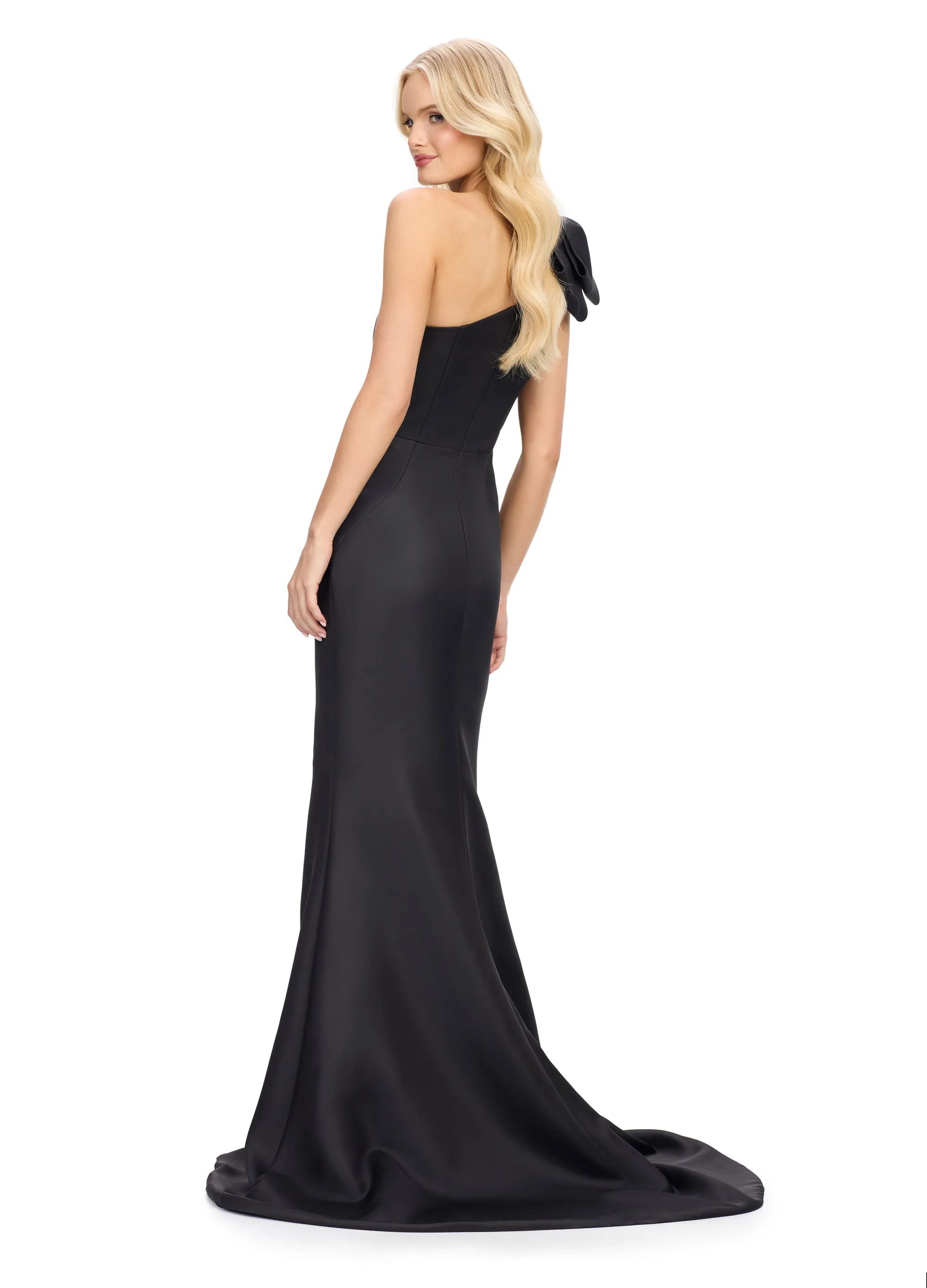 Ashley Lauren 11759 One Shoulder Bow Satin Evening Gown Ruched Waist Short Slit