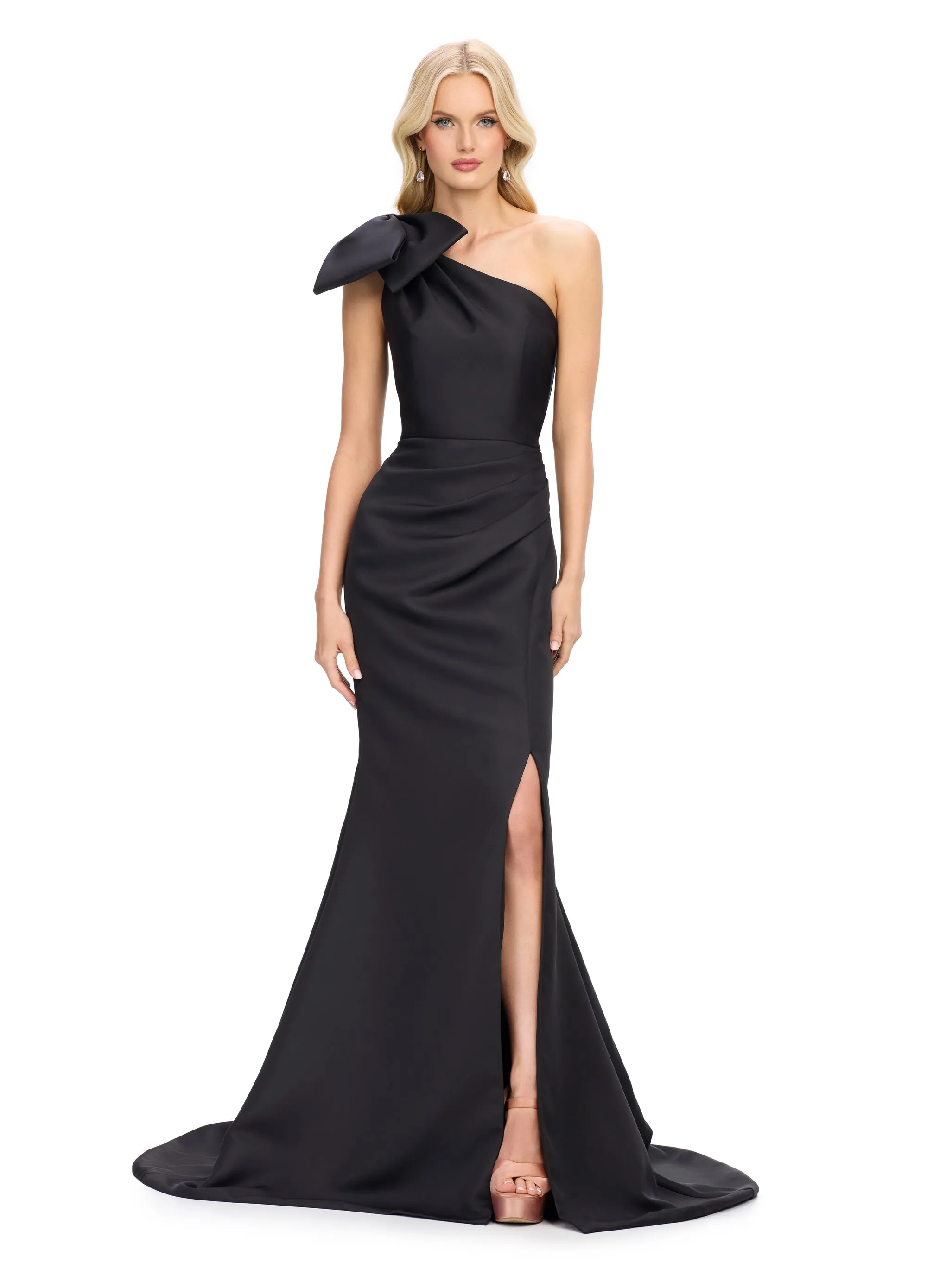 Ashley Lauren 11759 One Shoulder Bow Satin Evening Gown Ruched Waist Short Slit