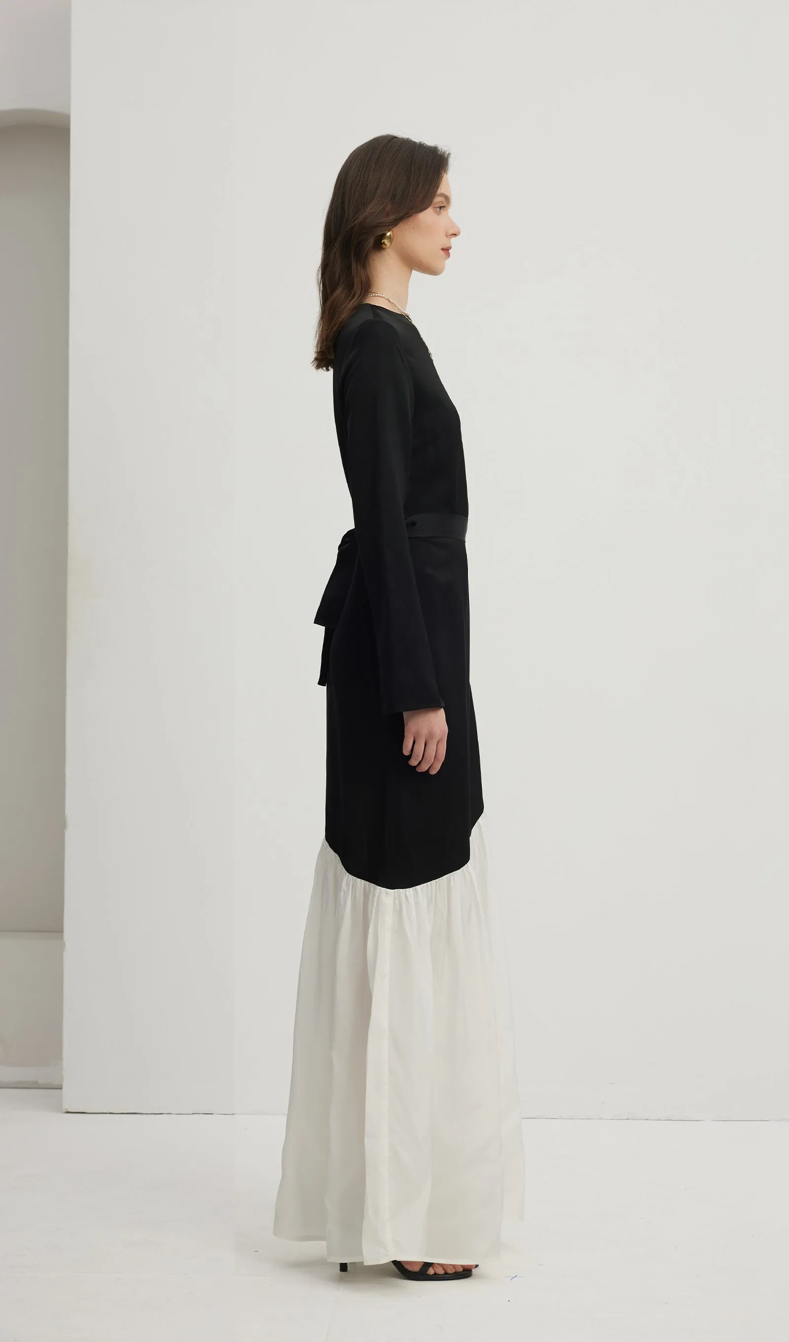Asymmetrical Black/White Colorblock Maxi Dress