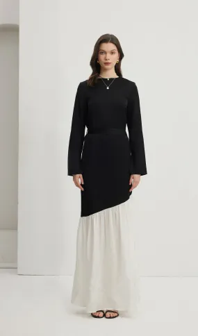 Asymmetrical Black/White Colorblock Maxi Dress