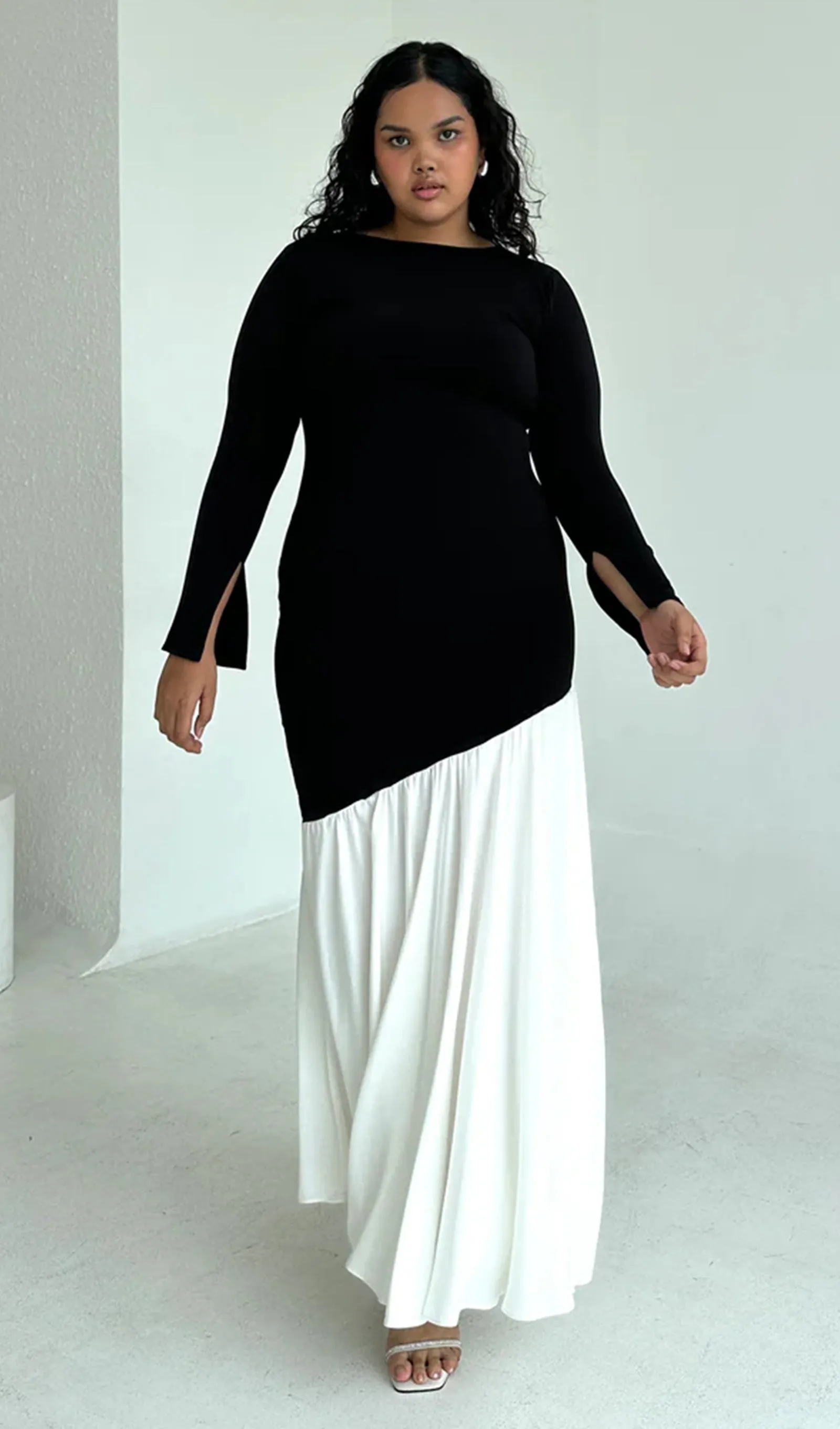 Asymmetrical Black/White Colorblock Maxi Dress