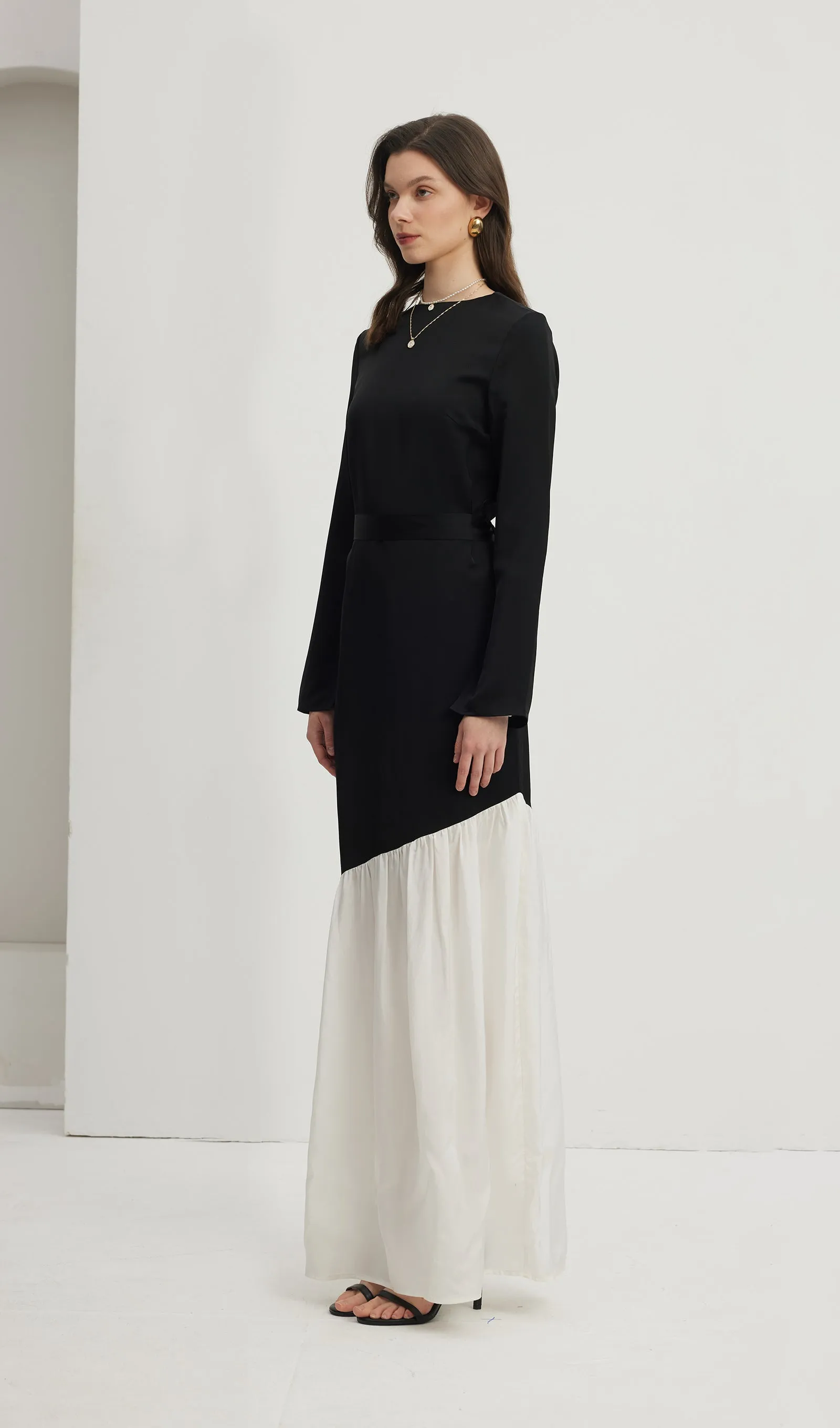 Asymmetrical Black/White Colorblock Maxi Dress