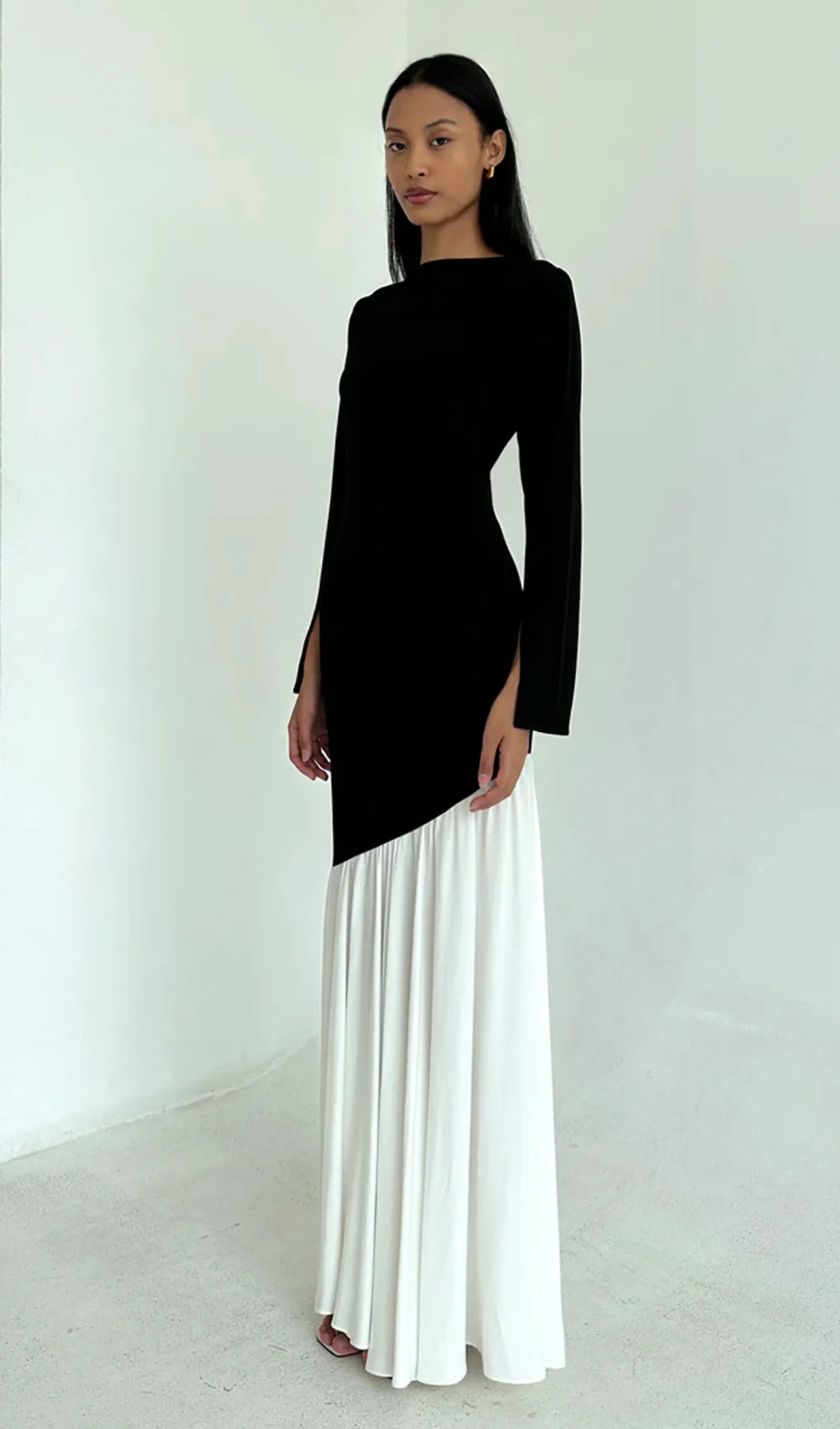 Asymmetrical Black/White Colorblock Maxi Dress