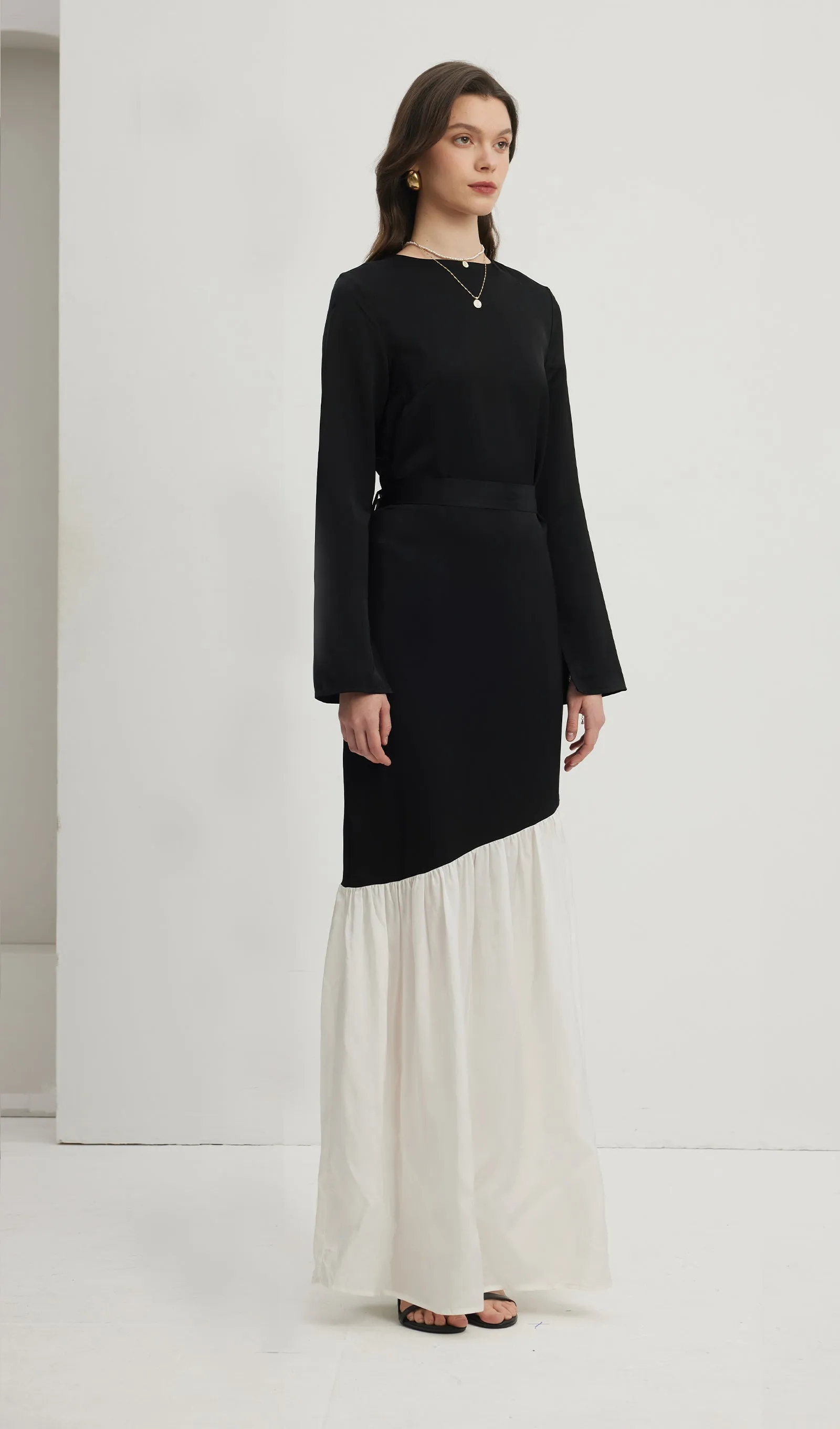 Asymmetrical Black/White Colorblock Maxi Dress
