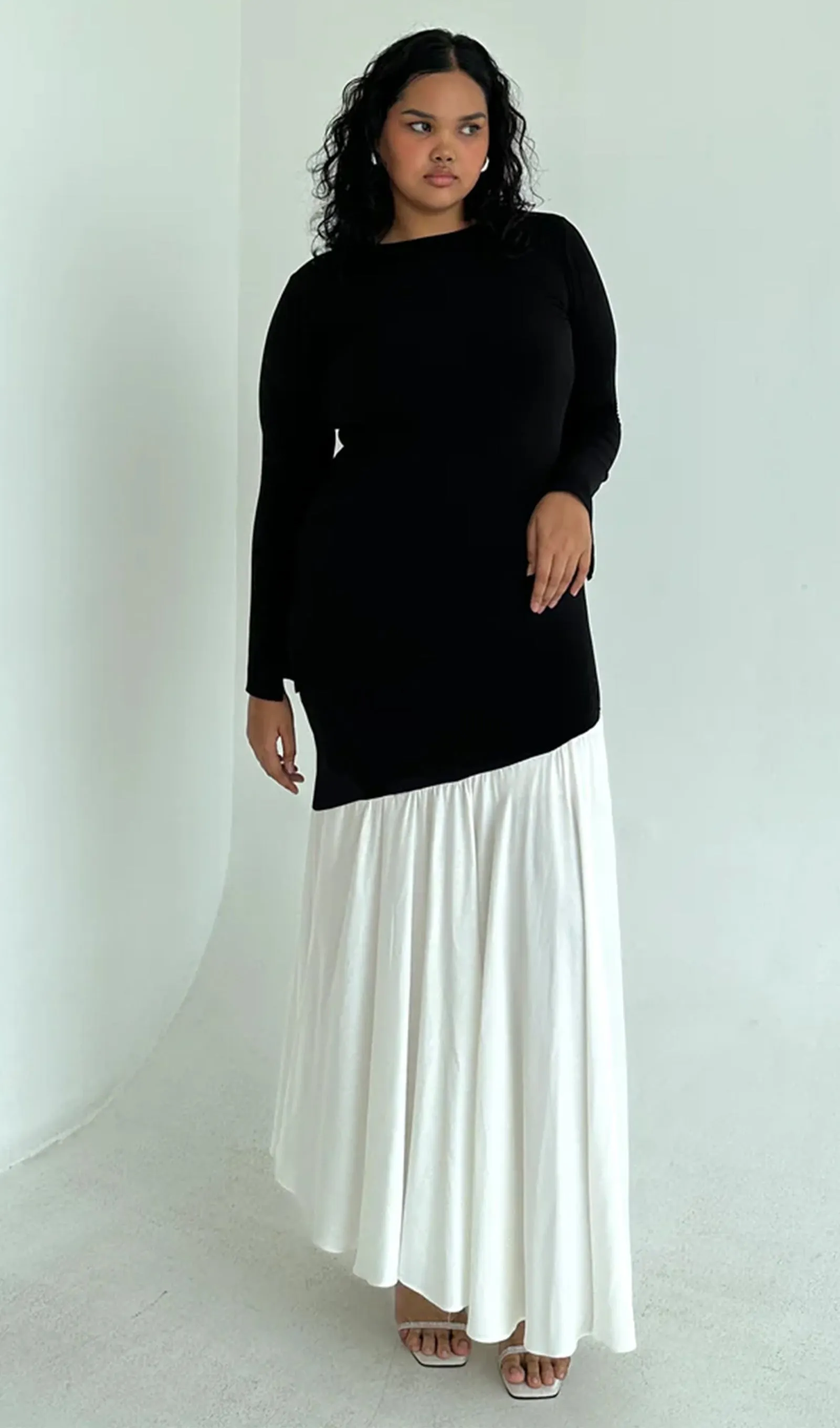 Asymmetrical Black/White Colorblock Maxi Dress