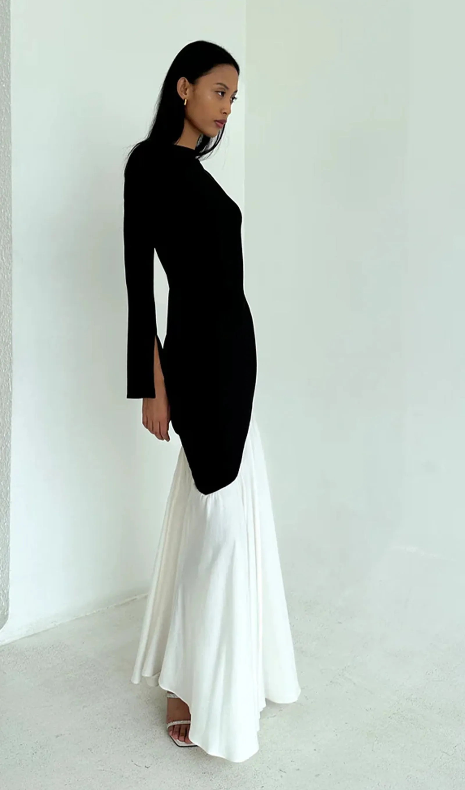 Asymmetrical Black/White Colorblock Maxi Dress