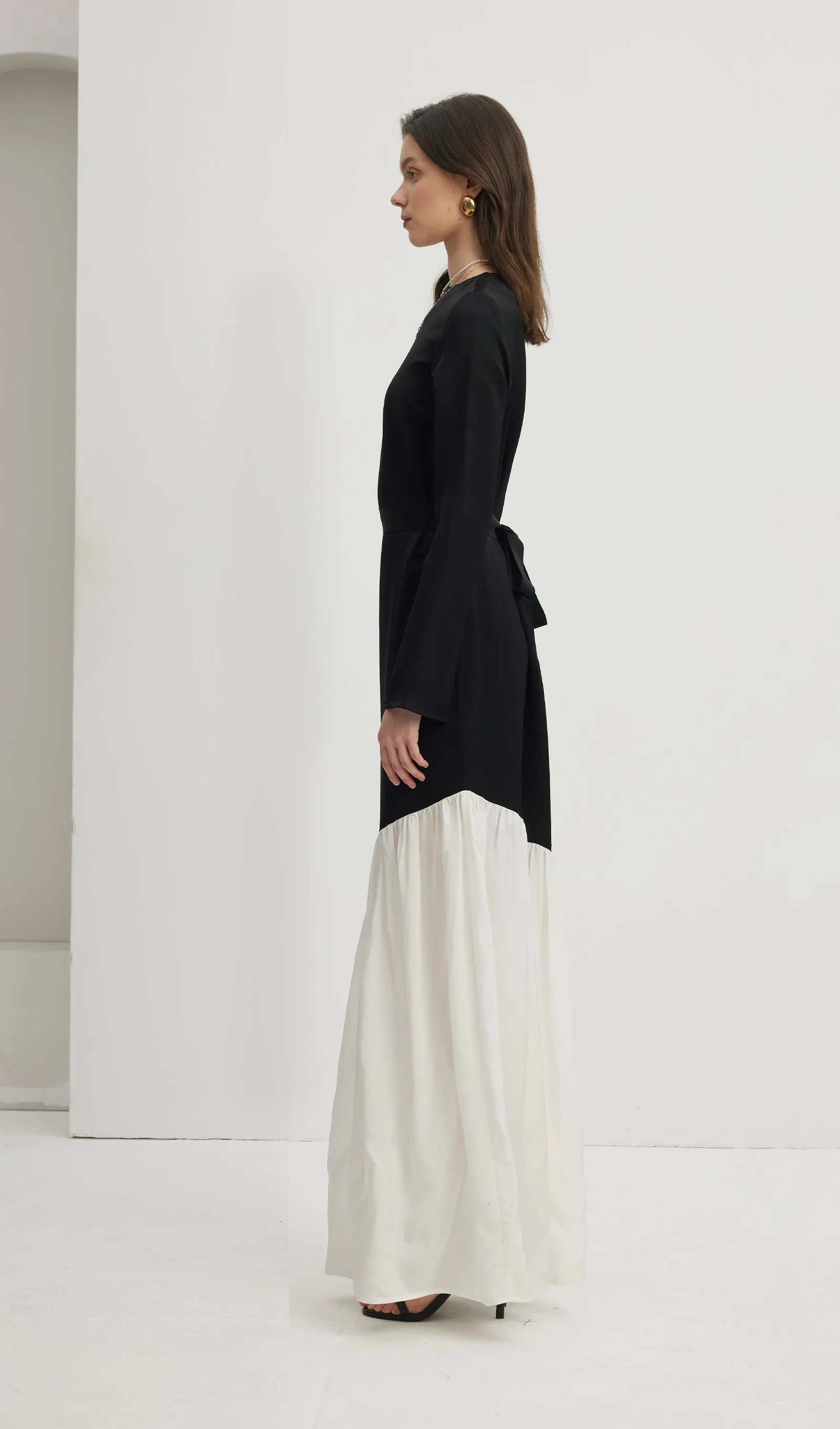 Asymmetrical Black/White Colorblock Maxi Dress