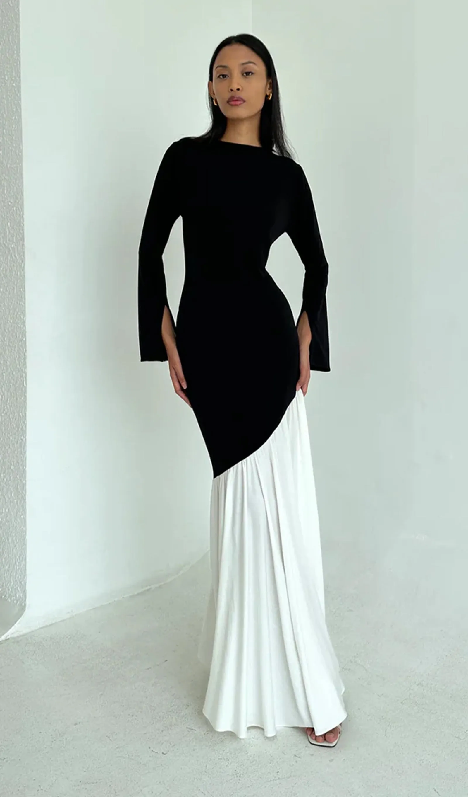 Asymmetrical Black/White Colorblock Maxi Dress