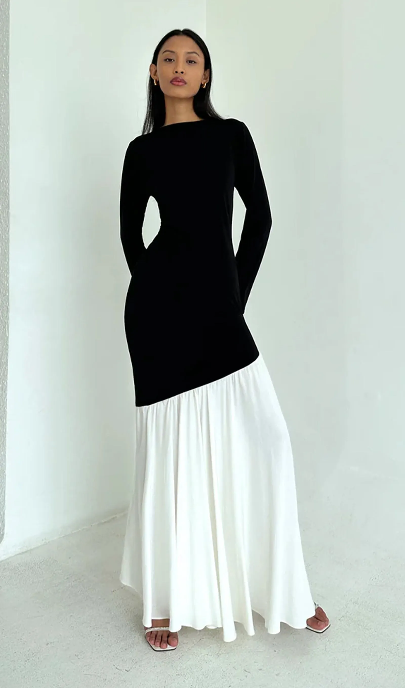 Asymmetrical Black/White Colorblock Maxi Dress