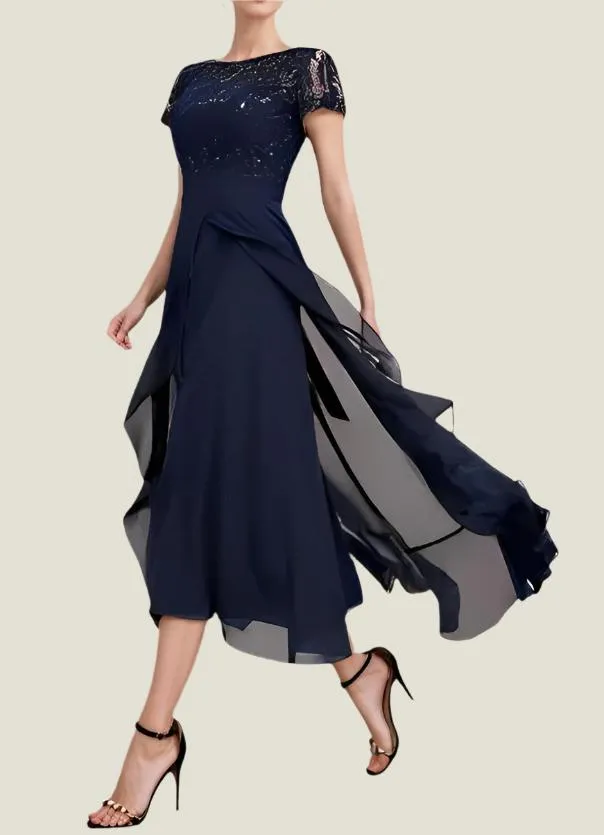 Asymmetrical Dark Navy Short Sleeves Mother of The Bride Dresses