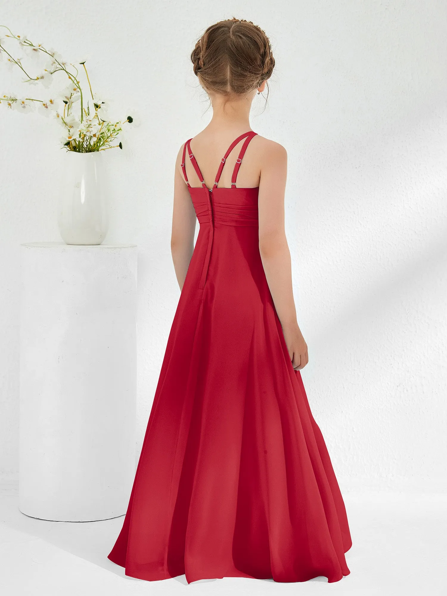 Bateau Neckline Junior Bridesmaid Dresses with Sash Burgundy