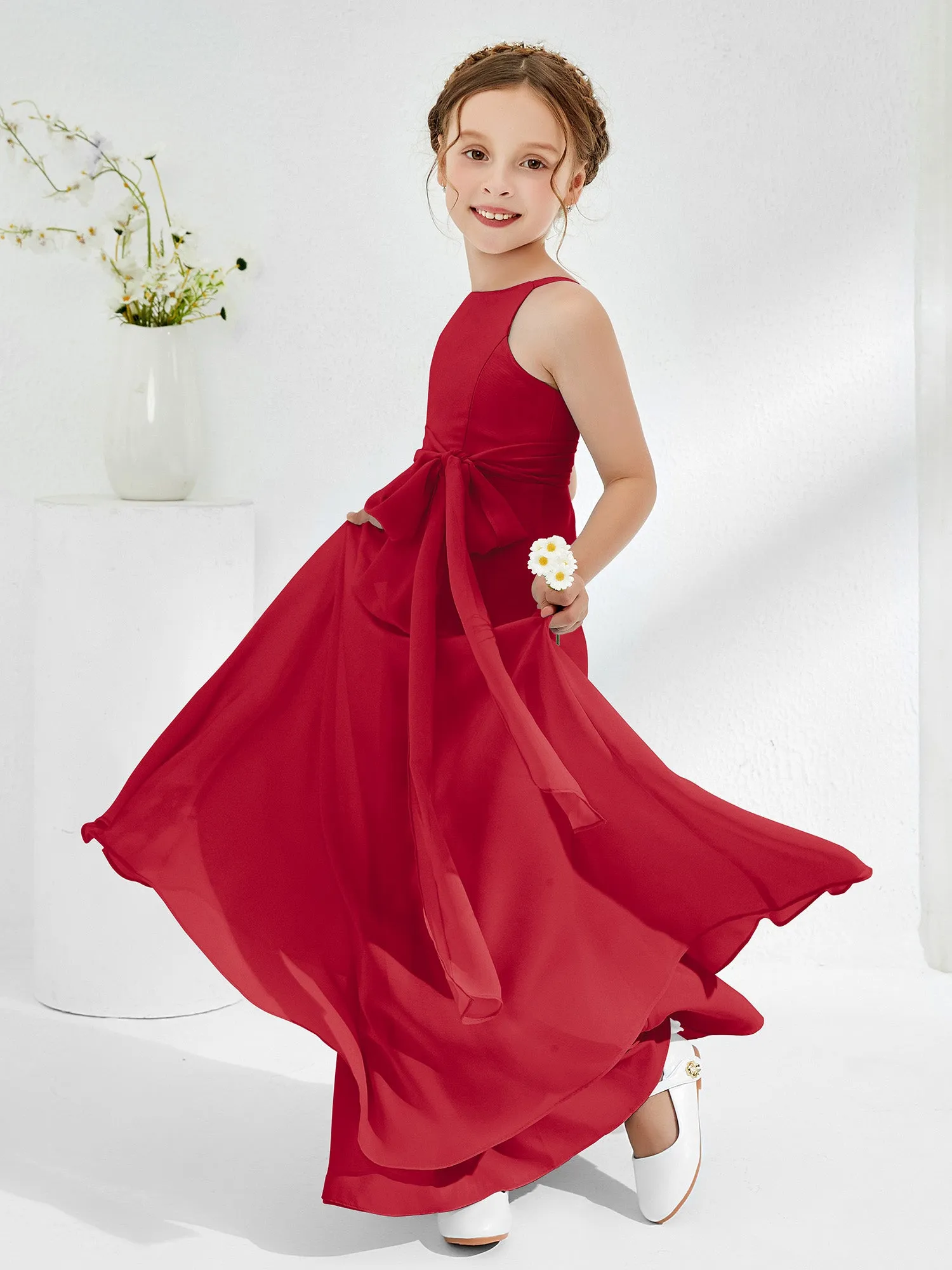 Bateau Neckline Junior Bridesmaid Dresses with Sash Burgundy