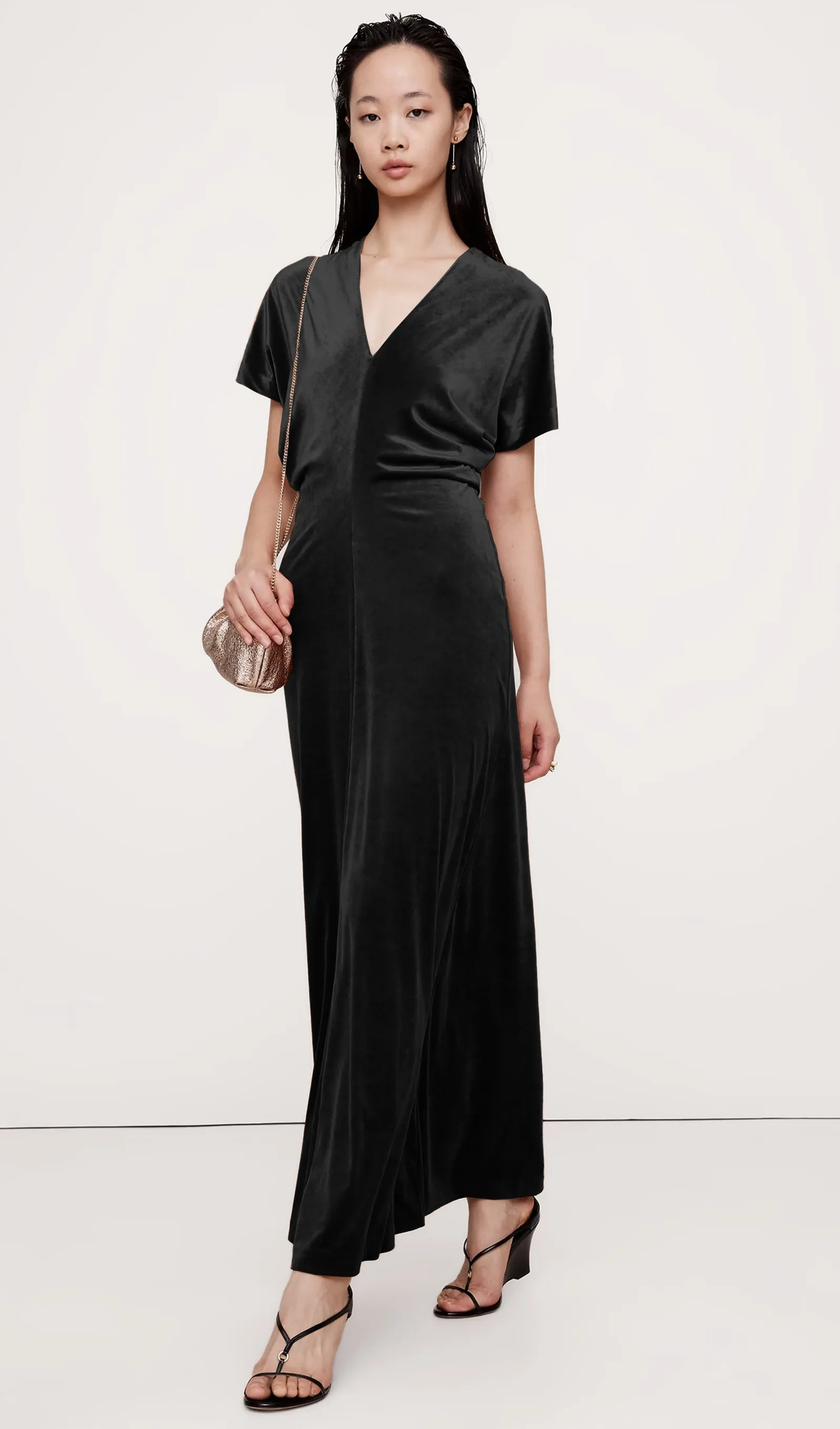 Bias-Cut Velvet Maxi Dress-Black