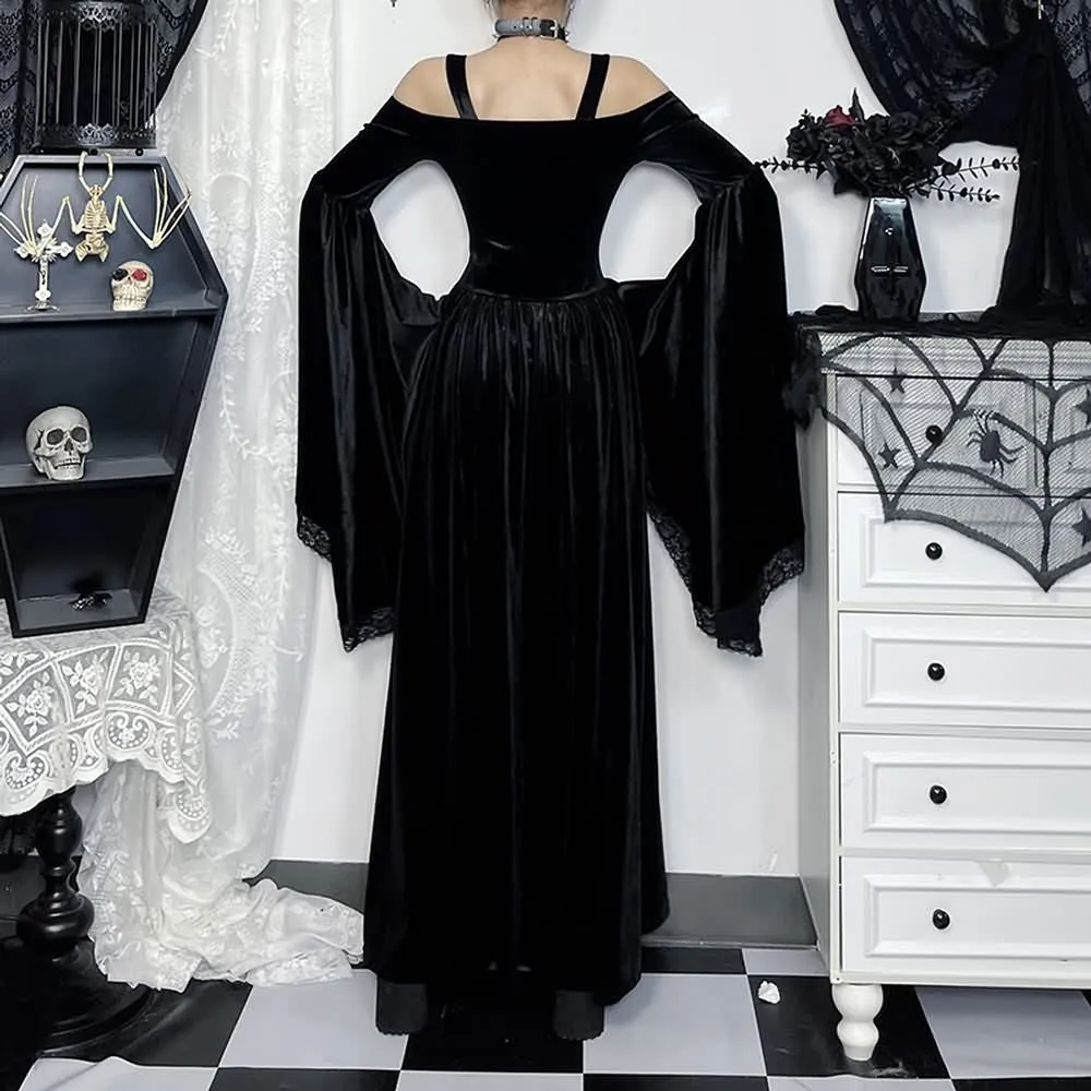 Black Gothic Velvet Lace Up Bell Sleeve Maxi Dress