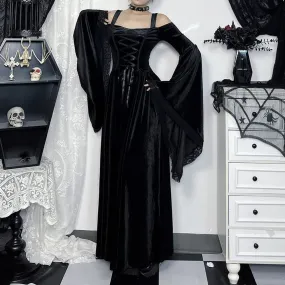 Black Gothic Velvet Lace Up Bell Sleeve Maxi Dress