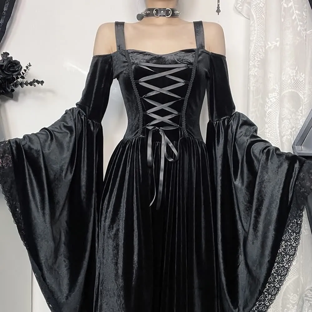 Black Gothic Velvet Lace Up Bell Sleeve Maxi Dress