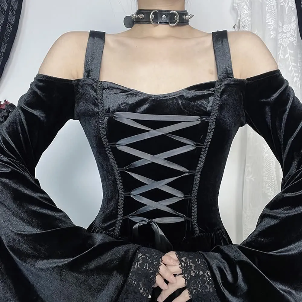 Black Gothic Velvet Lace Up Bell Sleeve Maxi Dress