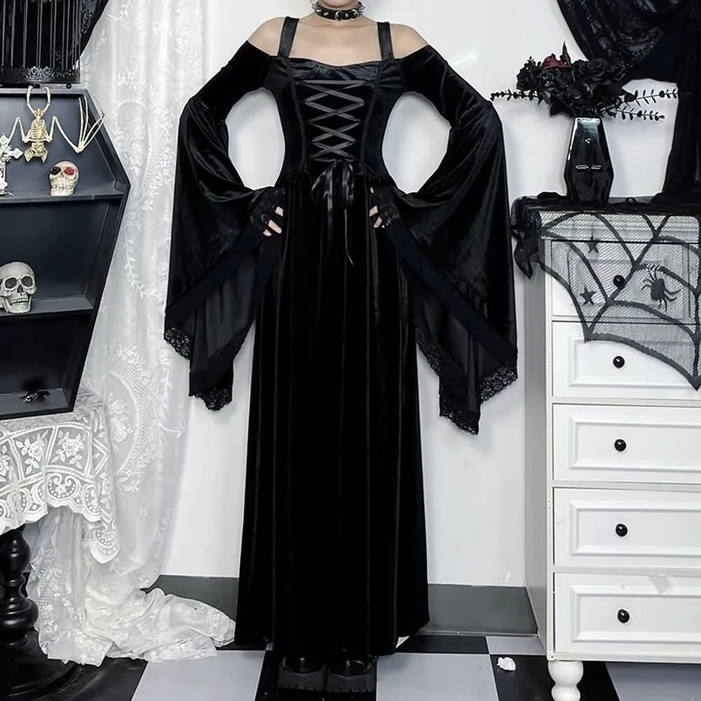 Black Gothic Velvet Lace Up Bell Sleeve Maxi Dress