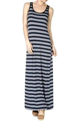 Black Grey Striped Racerback Fashion Knit Maxi Dress