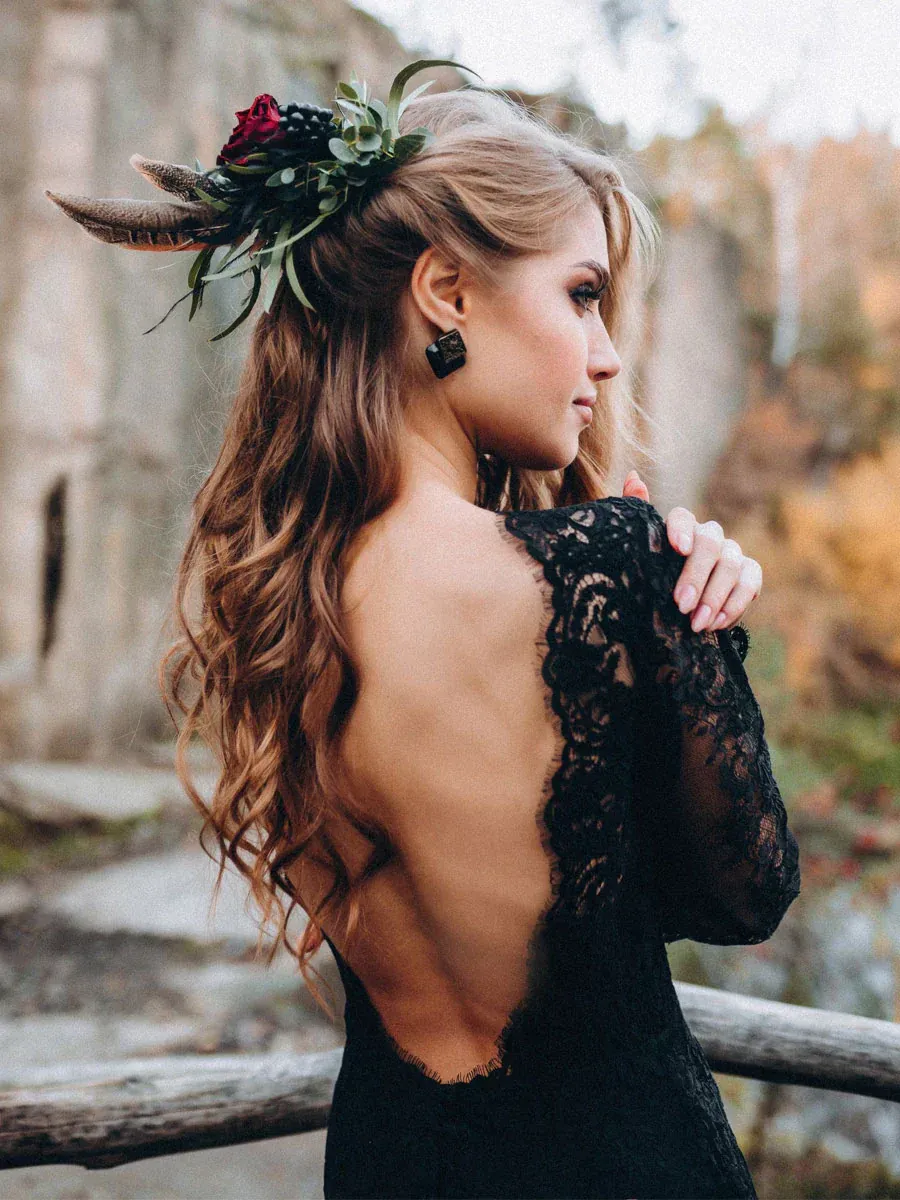 Black Sweetheart Long Sleeves prom dresses,Lace Backless Wedding Dresses