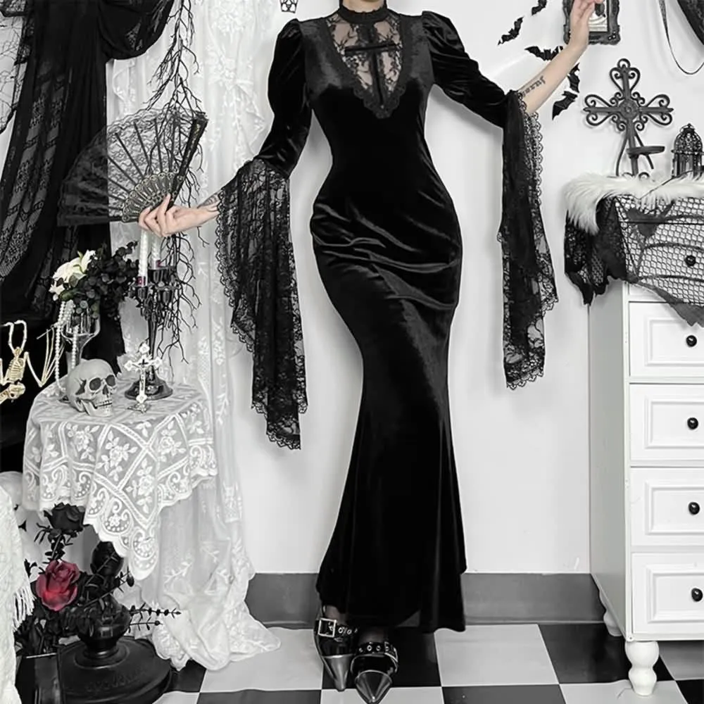 Black Velvet Gothic Lace Sleeve Maxi Dress