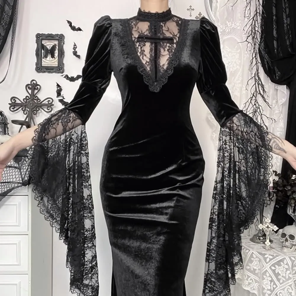 Black Velvet Gothic Lace Sleeve Maxi Dress