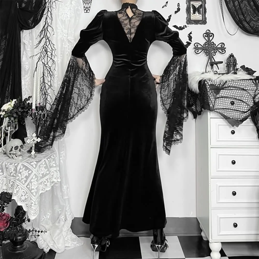 Black Velvet Gothic Lace Sleeve Maxi Dress