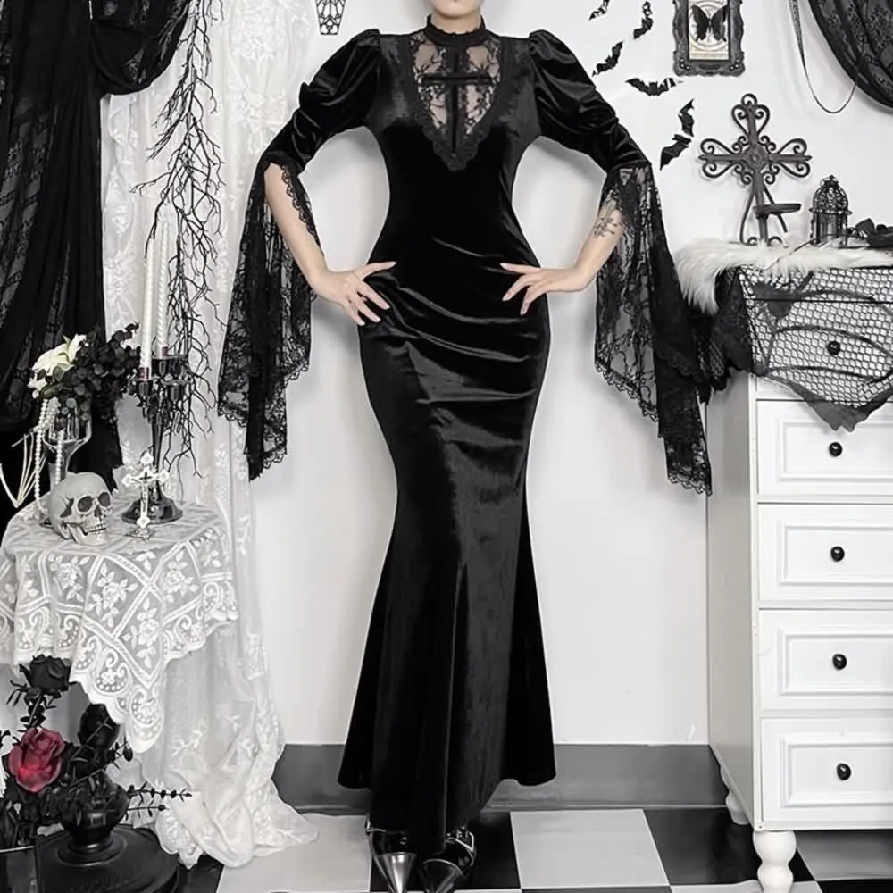 Black Velvet Gothic Lace Sleeve Maxi Dress