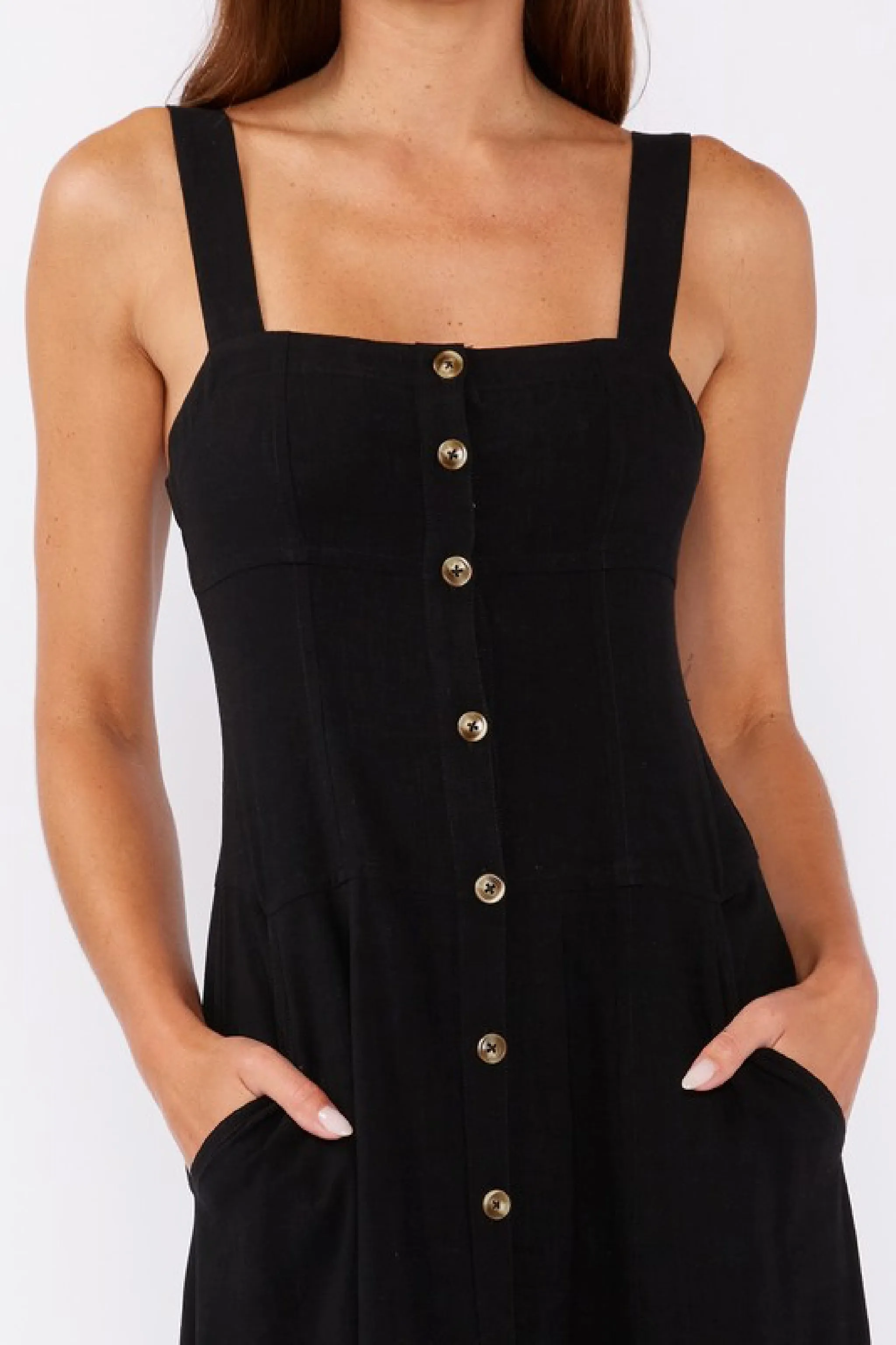 Carolyn Sleeveless Linen Button Down Front Midi Dress Black